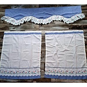 Country Tulips Valance & Curtain Set Blue White Embroidered Cottage Farmhouse